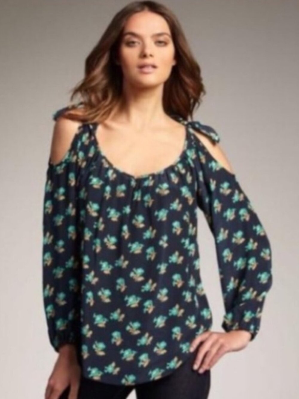 Rebecca Taylor 100% Silk Top Size M/L Navy Floral old shoulder